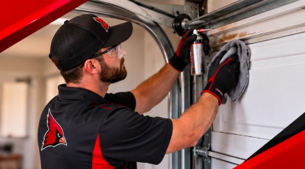 Red Crest technician lubricating a garage door roller and hinge during a service
