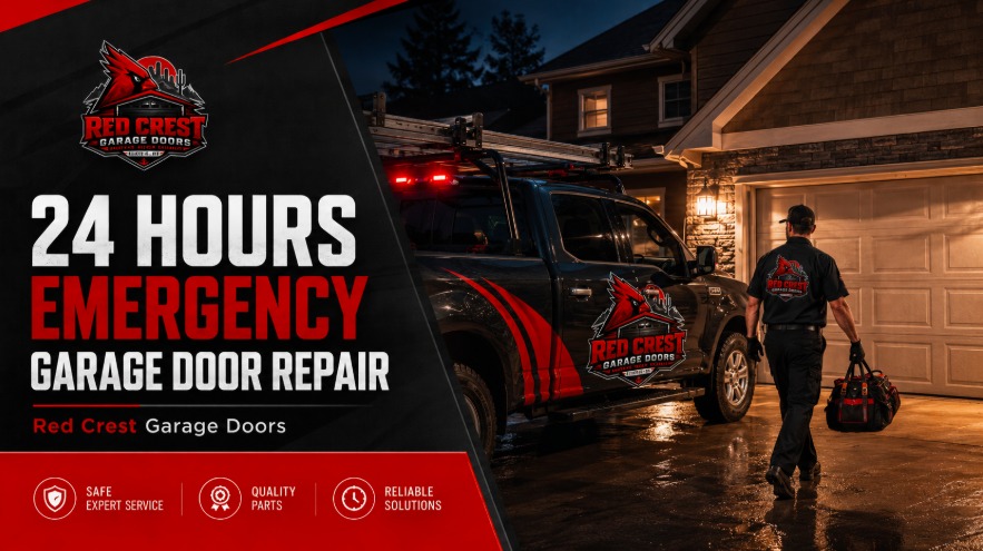 Red Crest Garage Doors, 24 hours emergency garage door repair. Technician arriving at a house at night with a service truck. Safe expert service, quality parts, reliable solutions
