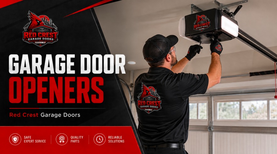 Red Crest Garage Doors, garage door openers. Technician working on a ceiling mounted opener unit. Safe expert service, quality parts, reliable solutions