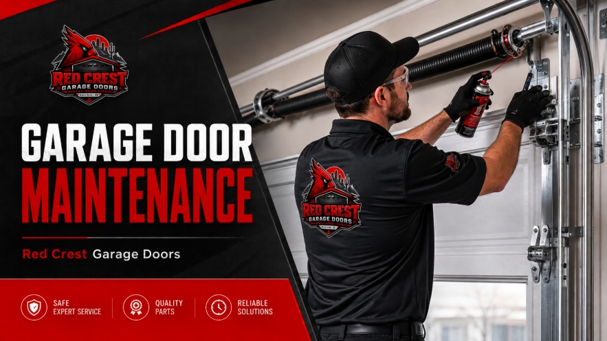 Red Crest Garage Doors, garage door maintenance. Technician lubricating a torsion spring during a service. Safe expert service, quality parts, reliable solutions