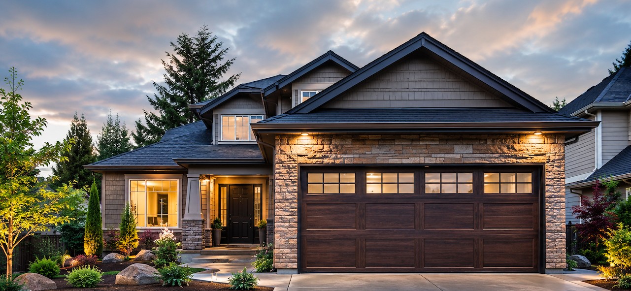 A home at dusk with a dark wood panelled sectional garage door, fitted and serviced by Red Crest Garage Doors