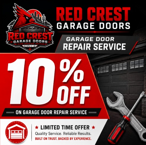 Red Crest Garage Doors, 10% off garage door repair service. Limited time offer